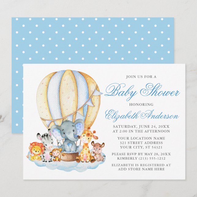 Baby Shower Safari Animals Air Balloon Clouds Dots Invitation (Front/Back)