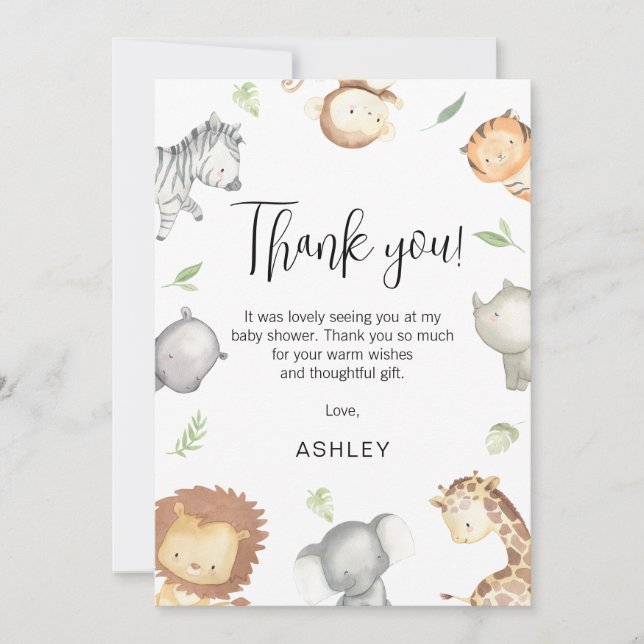 Baby shower Safari Animaux moderne Carte de remerc (Devant)