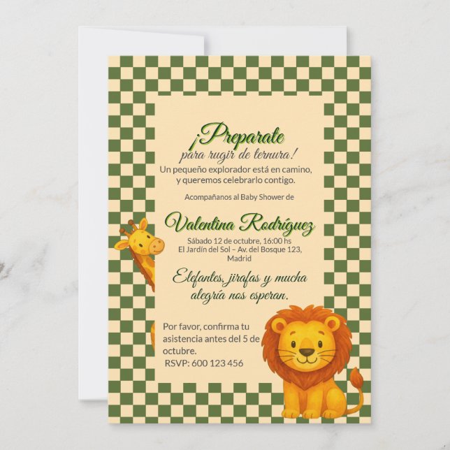 Baby Shower Safari Editable Chess Pattern Lion Invitation (Front)