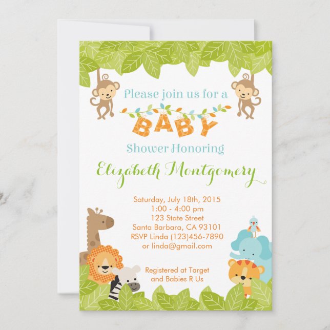 Baby shower Safari Invitation avec animaux (Devant)