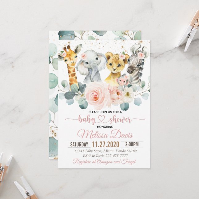 Baby shower Safari Invitation fille, jeune sauvage (Devant/Arrière en situation)