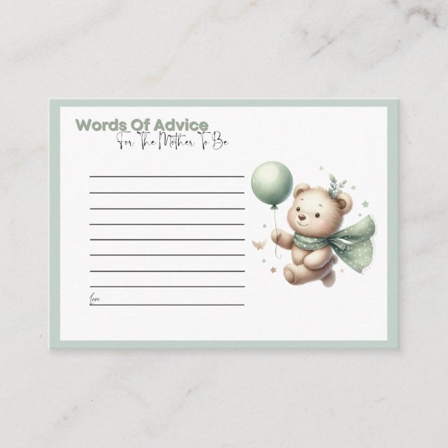 Baby shower Sage Ours Vert Mots de la carte de con (Devant)