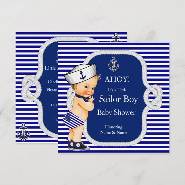 Baby Shower Sailor Boy Blue Stripe Blonde Invitation (Front/Back)