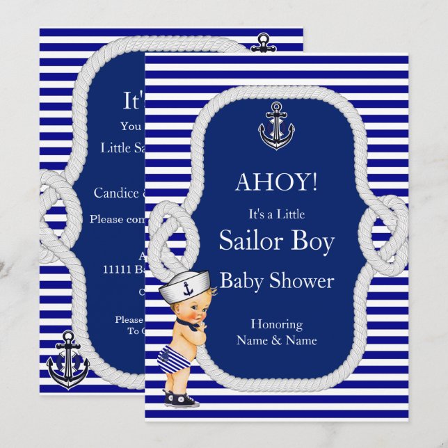Baby Shower Sailor Boy Blue Stripe Blonde Invitation (Front/Back)