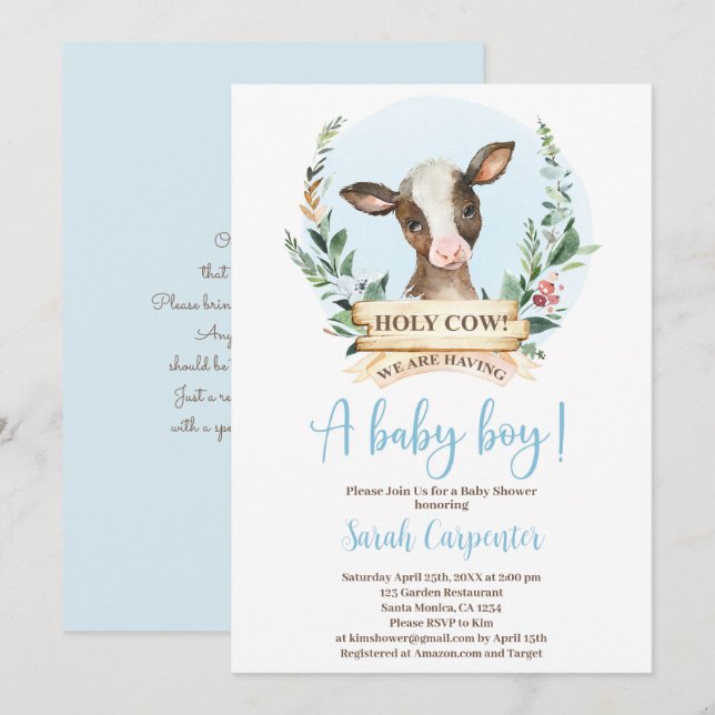 Baby shower Saint-Vache garçon Invitation (Devant / Derrière)