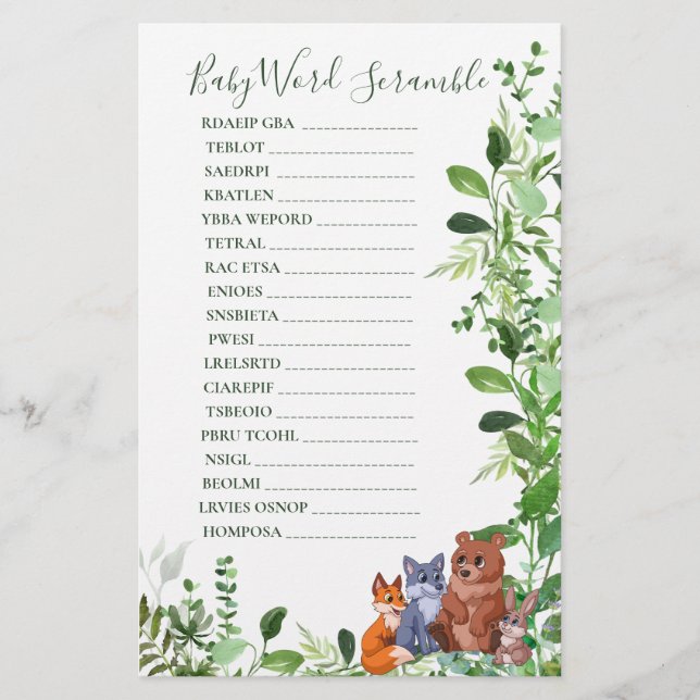Baby Shower Scramble Woodland baby forest friends (Front)