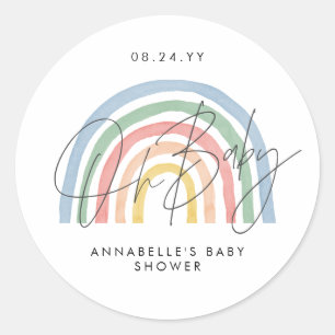 Baby shower script colourful watercolor rainbow classic round sticker
