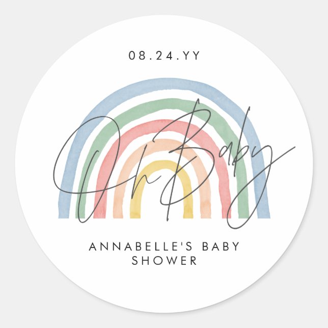 Baby shower script colourful watercolor rainbow classic round sticker (Front)