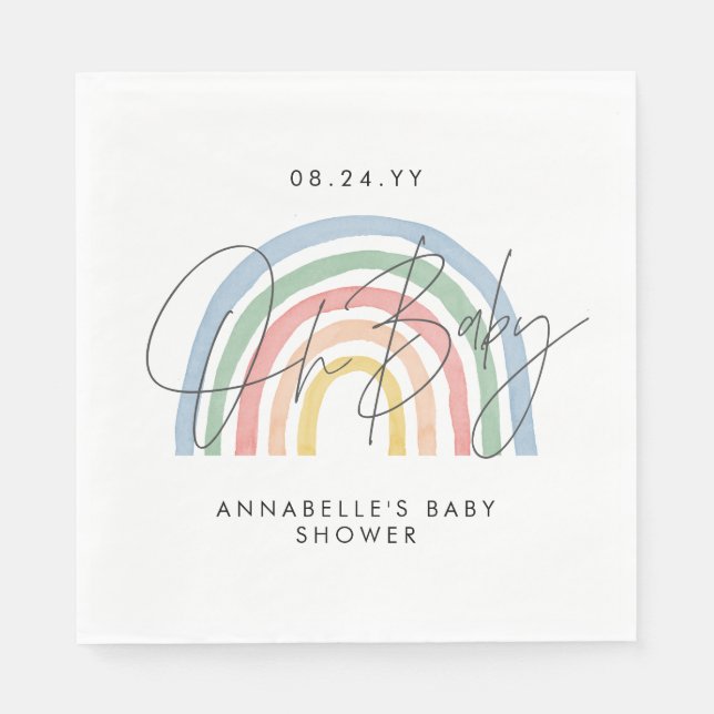 Baby shower script colourful watercolor rainbow napkin (Front)
