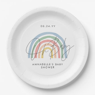 Baby shower script colourful watercolor rainbow paper plate