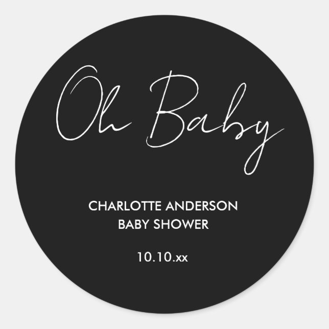 Baby shower script modern black and white elegant classic round sticker (Front)
