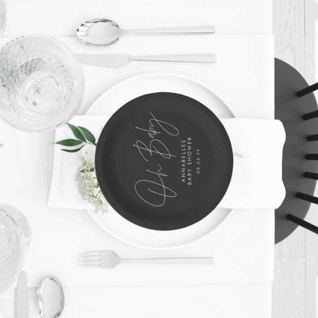 Baby shower script modern black and white elegant paper plate (Creator Uploaded)