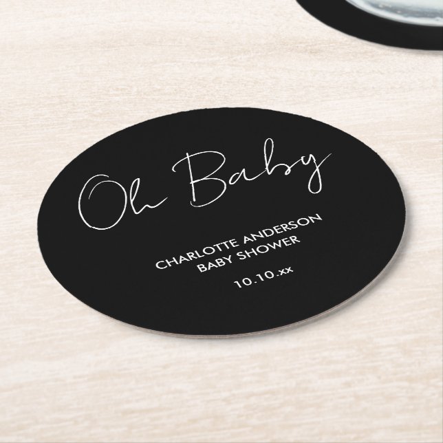 Baby shower script modern black and white elegant round paper coaster (Angled)