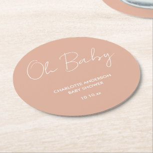 Baby shower script modern blush pink elegant round paper coaster