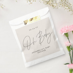 Baby shower script modern bold cream black guest favour bag