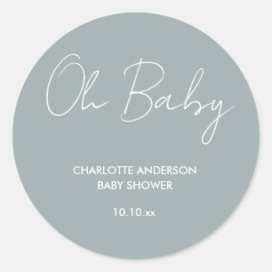 Baby shower script modern dusty blue elegant classic round sticker