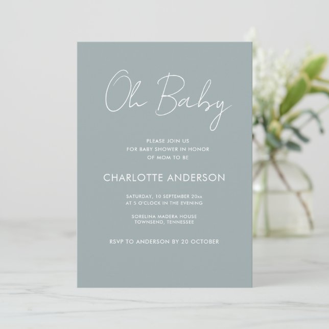 Baby shower script modern dusty blue elegant invitation (Standing Front)