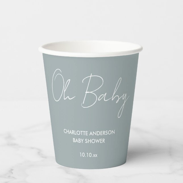 Baby shower script modern dusty blue elegant paper cups (Front)