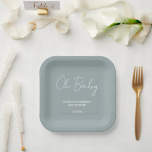 Baby shower script modern dusty blue elegant paper plate