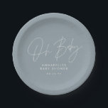 Baby shower script modern dusty blue elegant paper plate<br><div class="desc">Baby shower script modern dusty blue elegant party invitation design. Ideal gender neutral design.</div>