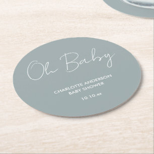 Baby shower script modern dusty blue elegant round paper coaster