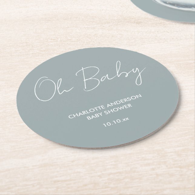 Baby shower script modern dusty blue elegant round paper coaster (Angled)
