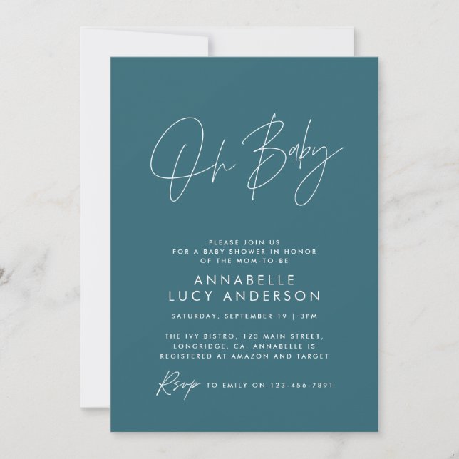 Baby shower script modern elegant teal blue invitation (Front)