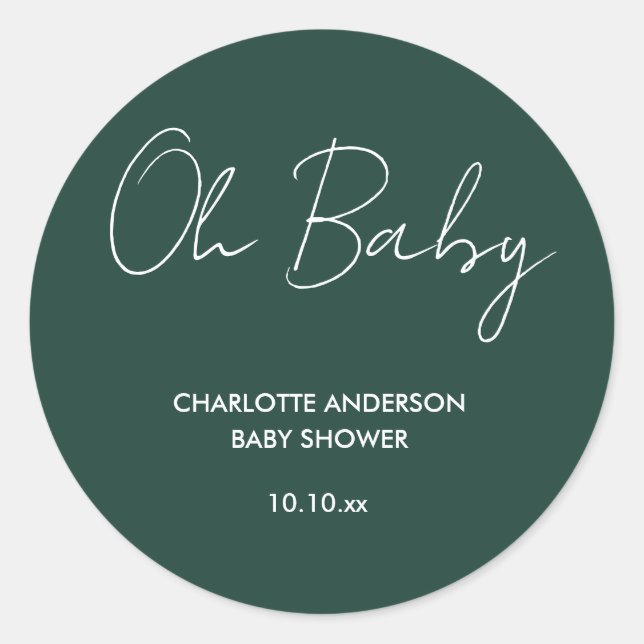 Baby shower script modern emerald green elegant classic round sticker (Front)