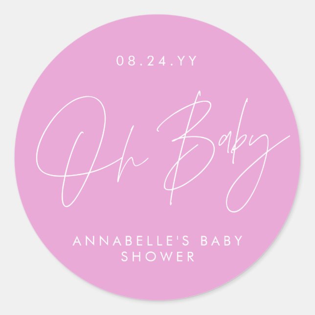 Baby shower script modern girly pink elegant class classic round sticker (Front)
