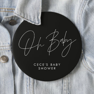 Baby shower script modern minimal black and white 6 inch round button