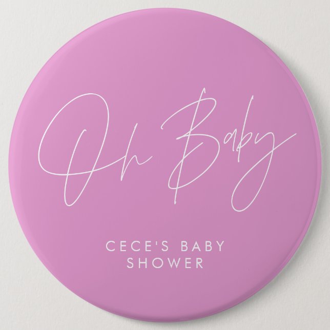 Baby shower script modern minimal cerise pink 6 inch round button (Front)