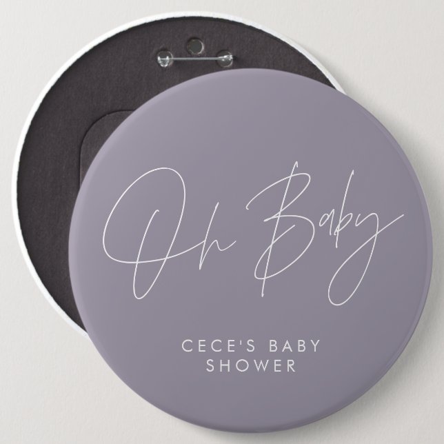 Baby shower script modern minimal lilac purple 6 inch round button (Front & Back)