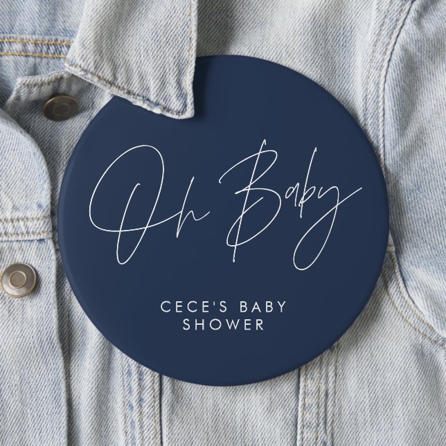 Baby shower script modern minimal navy blue 6 inch round button (In Situ)