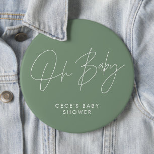 Baby shower script modern minimal sage green 6 inch round button