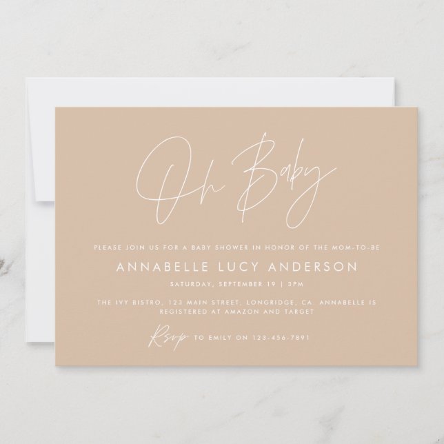 Baby shower script modern natural beige boho photo invitation (Front)