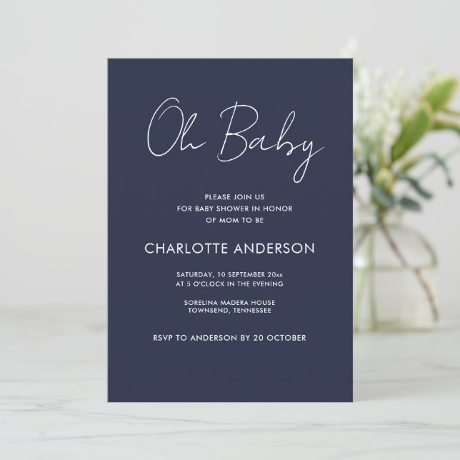Baby shower script modern navy blue elegant invitation (Standing Front)