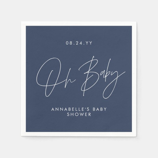 Baby shower script modern navy blue elegant napkin (Front)