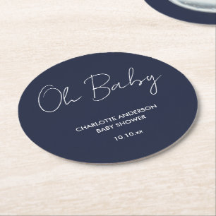 Baby shower script modern navy blue elegant round paper coaster