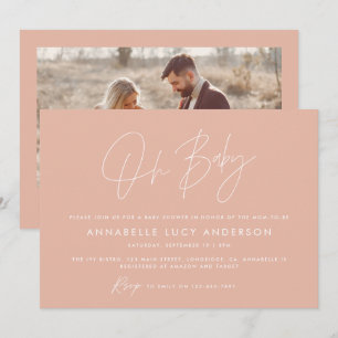 Baby shower script modern photo blush pink elegant invitation
