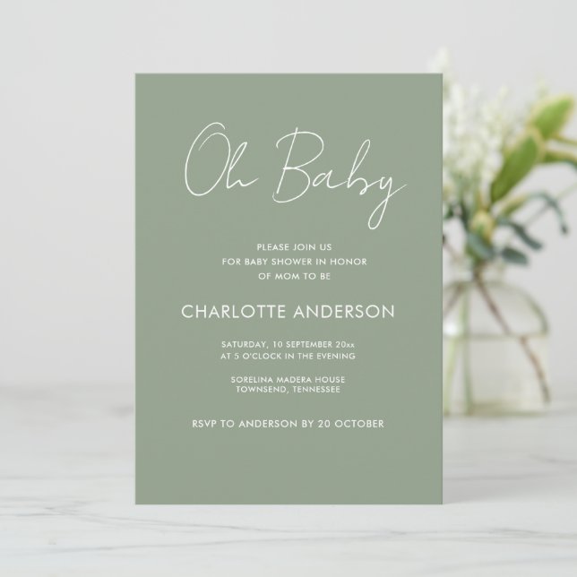 Baby shower script modern sage green elegant invitation (Standing Front)