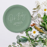 Baby shower script modern sage green elegant  paper plate<br><div class="desc">Baby shower script modern sage green elegant party invitation design. Ideal gender neutral design. Perfect coordinating spring,  summer autumn,  fall winter baby shower design.</div>