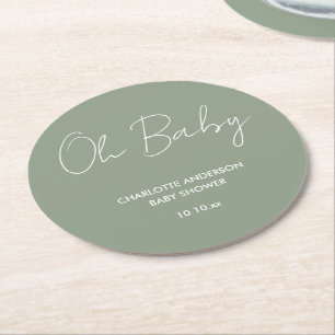 Baby shower script modern sage green elegant round paper coaster