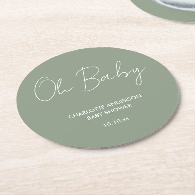 Baby shower script modern sage green elegant round paper coaster (Angled)