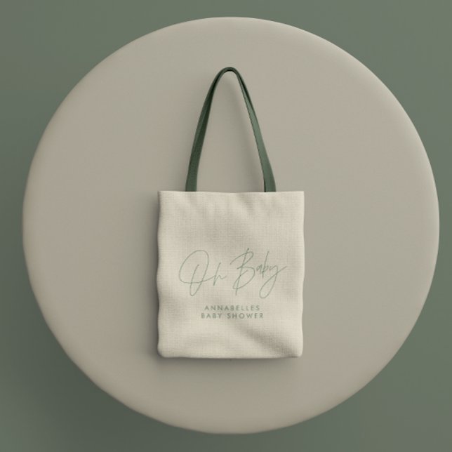 Baby shower script modern sage green elegant tote bag (Creator Uploaded)