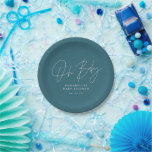 Baby shower script modern teal blue elegant paper plate<br><div class="desc">Baby shower script modern teal blue elegant party invitation design. Ideal gender neutral design.</div>