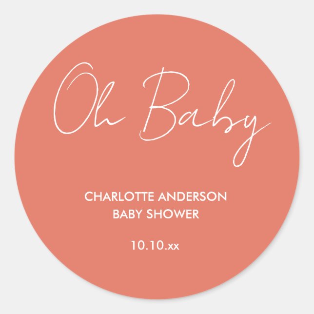 Baby shower script modern terracotta elegant classic round sticker (Front)