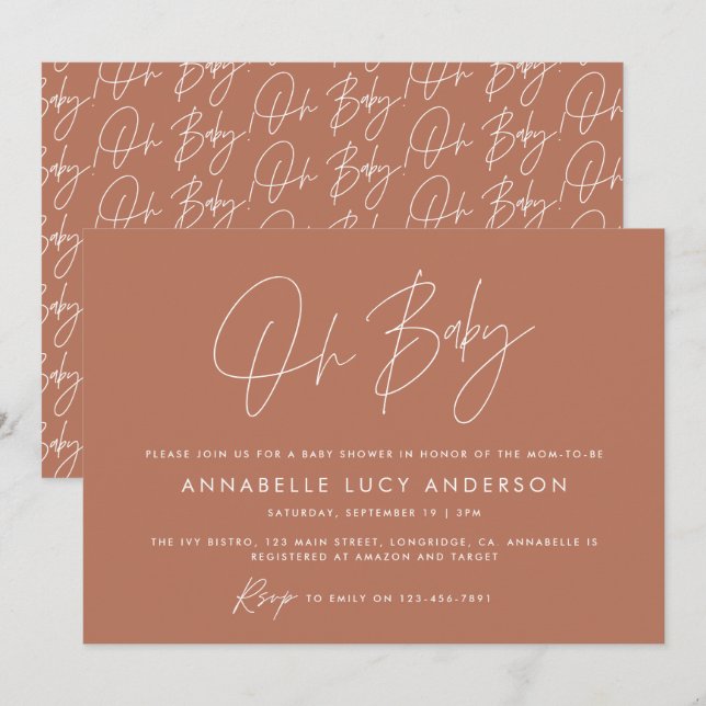 Baby shower script modern terracotta elegant invit invitation (Front/Back)