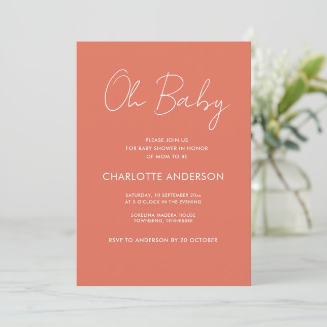 Baby shower script modern terracotta elegant invitation (Standing Front)