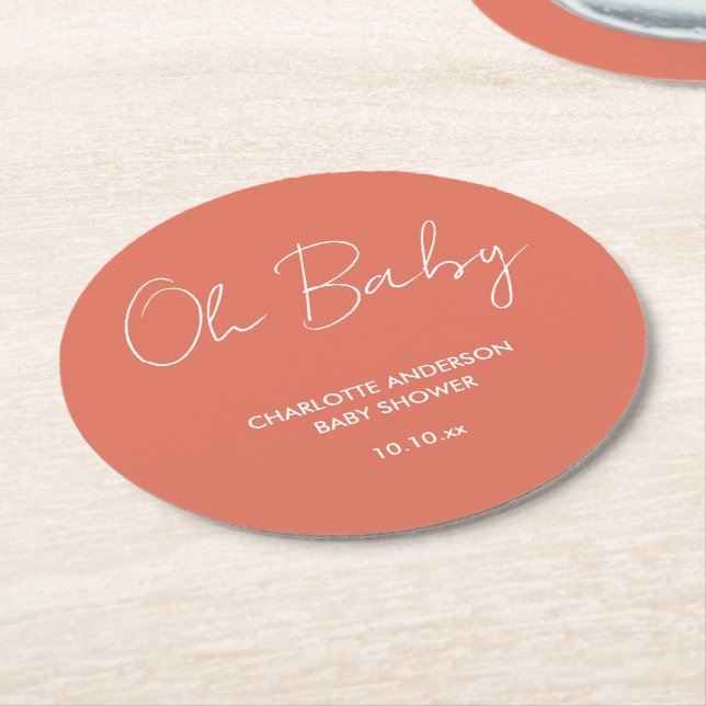 Baby shower script modern terracotta elegant round paper coaster (Angled)