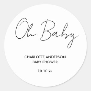 Baby shower script modern white and black elegant classic round sticker